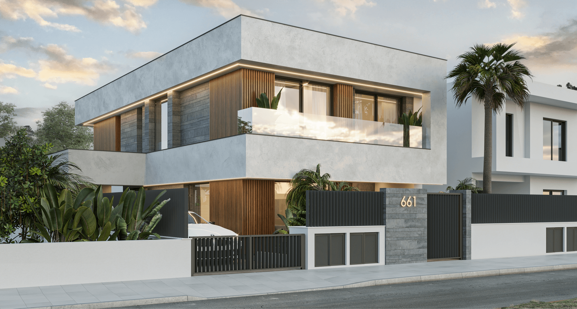 Вилла Modena — современный фасад вечером